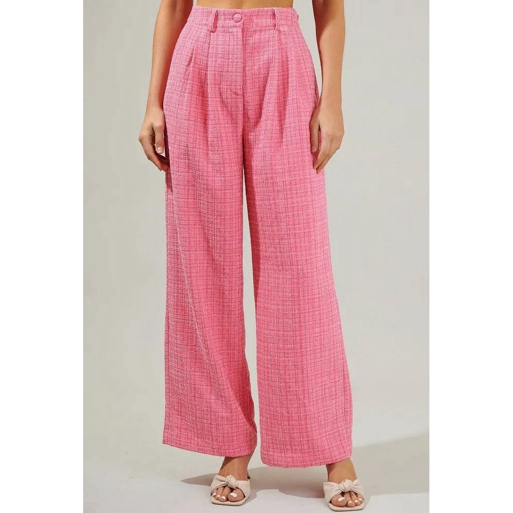 Sugarlips Adriella Pink Tweed Wide Leg High Rise Pleated Trousers NWT Women's L